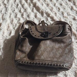 Brown Backpack with Suede Material and Metallic Embellishment